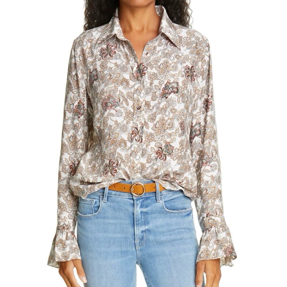 FRAME Womens Medium 70s Ruffle Silk Floral Bell Sleeve Buttondown Blouse Top